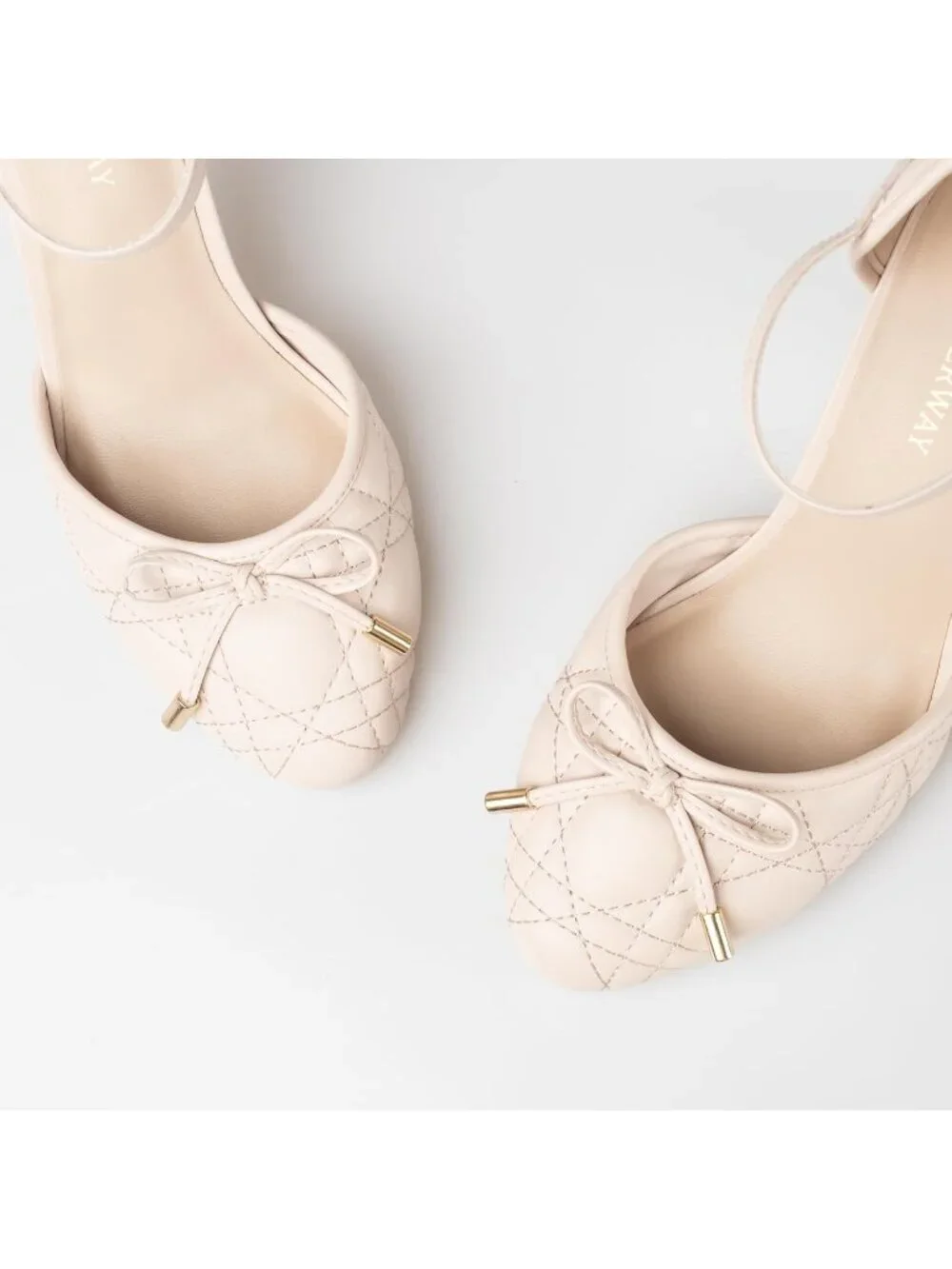 Women's Nude Chunky Block Heel Pumps, Bow Ankle Strap Closed Toe High Heels
